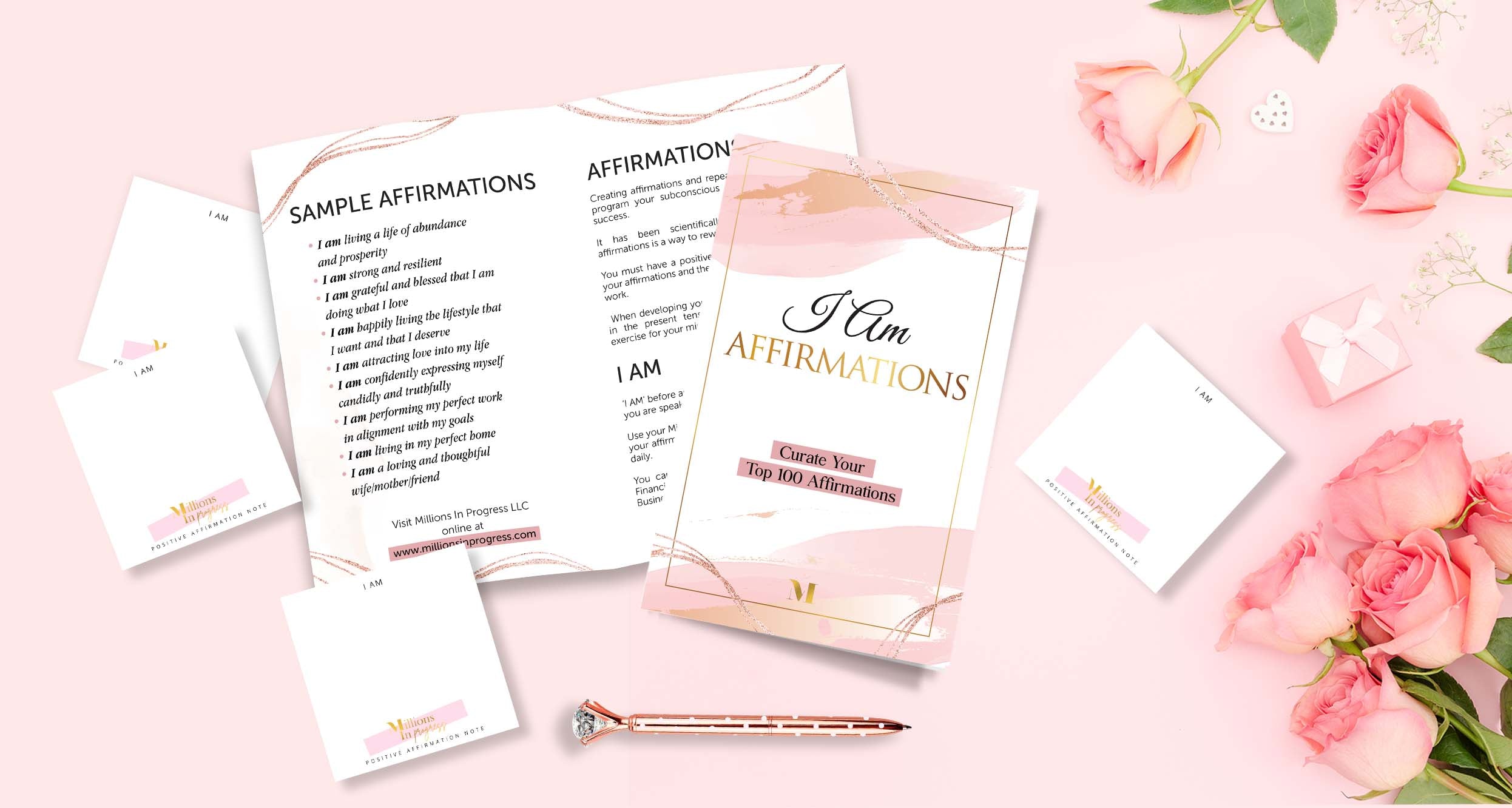 Affirmation Set  // Curate Your Top 100 Affirmations //  "I AM" Sticky Notes Set of 100 // Diamond Rhinestone Pen // Affirmation Guide Bi-Fold